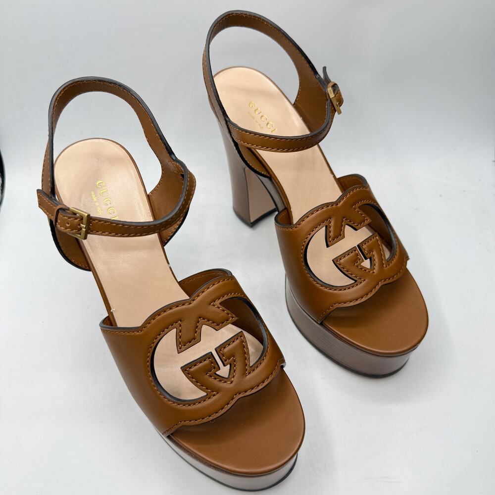 Gucci Brown Leather Heels with Platform and Ankle Strap - Picture 4 of 12